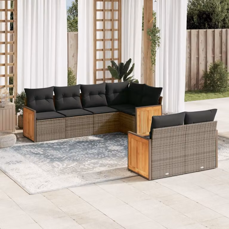 vidaXL Set Divani da Giardino a L 7 pz con Cuscini Grigio in Polyrattan e Legno di Acacia