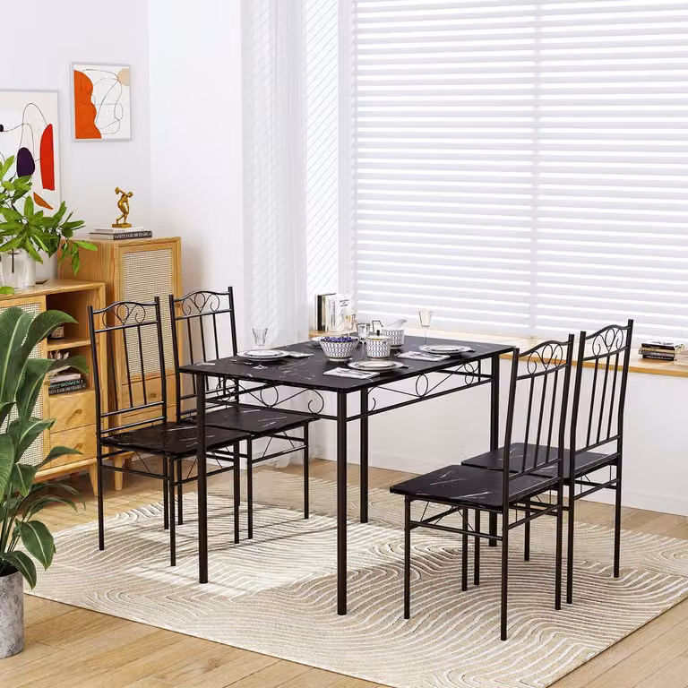 Tavolo da pranzo con 4 sedie, set da 5 pezzi, legno e metallo, dimensioni 109 x 69 cm, stile industriale, aspetto marmo, colore nero