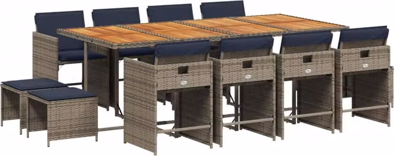 Set da pranzo da giardino da 13 pz con Cuscini in Polyrattan Grigio