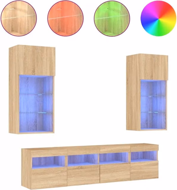 Mobile TV a muro moderno con illuminazione LED integrata in legno Rovere Sonoma, set di 5 pezzi color beige e marrone