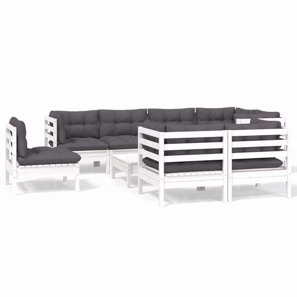 Set Divani da Giardino 9 pz con Cuscini Bianchi Legno di Pino