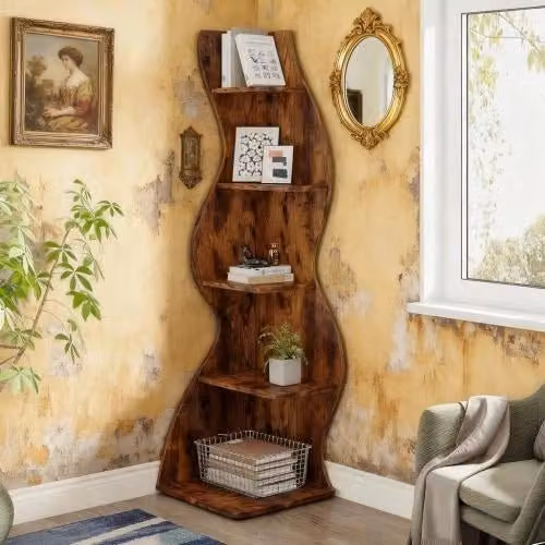 Scaffale angolare a 5 ripiani in legno marrone