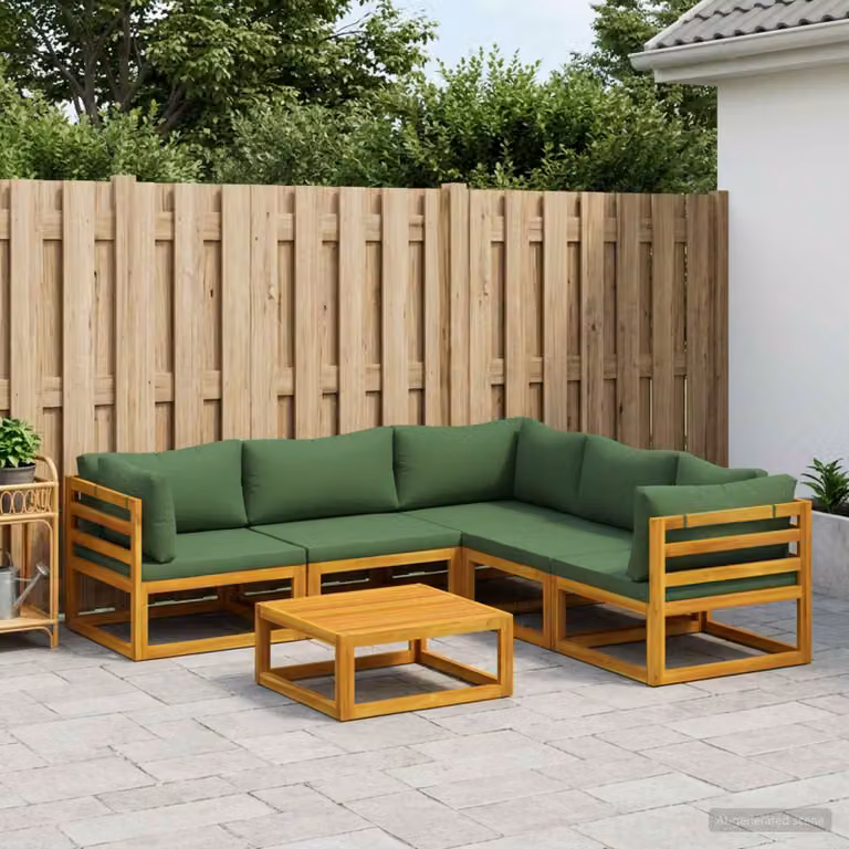 Set di divani da giardino vidaXL in legno di acacia massello con cuscini e tavolino, 6 pezzi, marrone e verde