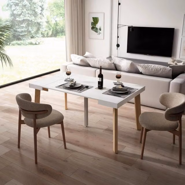 Consolle allungabile, 160x90x73cm, Per 8 persone, Gambe in legno, Bianco RF3039