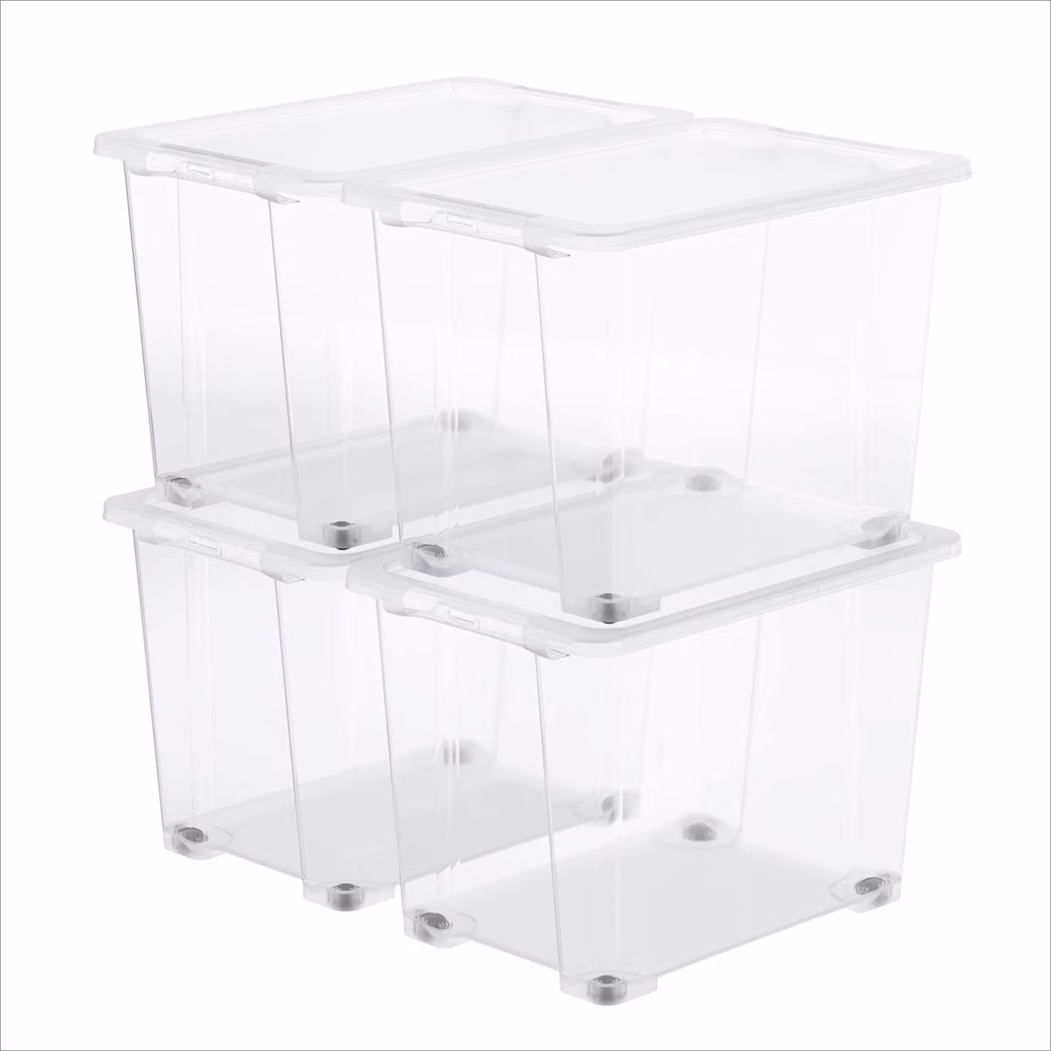 Set da 4 contenitori Rotho CORE BASIC, capacità 65 litri – dimensioni 58,3 x 39,2 x 41 cm – contenitori in plastica trasparente con coperchio e ruote, impilabili, grandi contenitori per lo stoccaggio