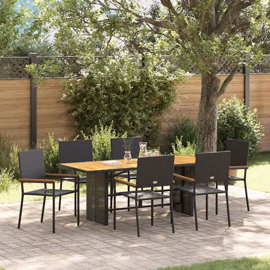 Set da pranzo per giardino e terrazza vidaXL in polyrattan nero e marrone con tavolo in vetro e legno di acacia, 7 pezzi – 1