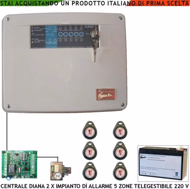 Centrale Antifurto Filare Securvera Diana 5 Zone con 6 Chiavi, 2 TAG e Batteria 12V 7Ah, Bianca – 1