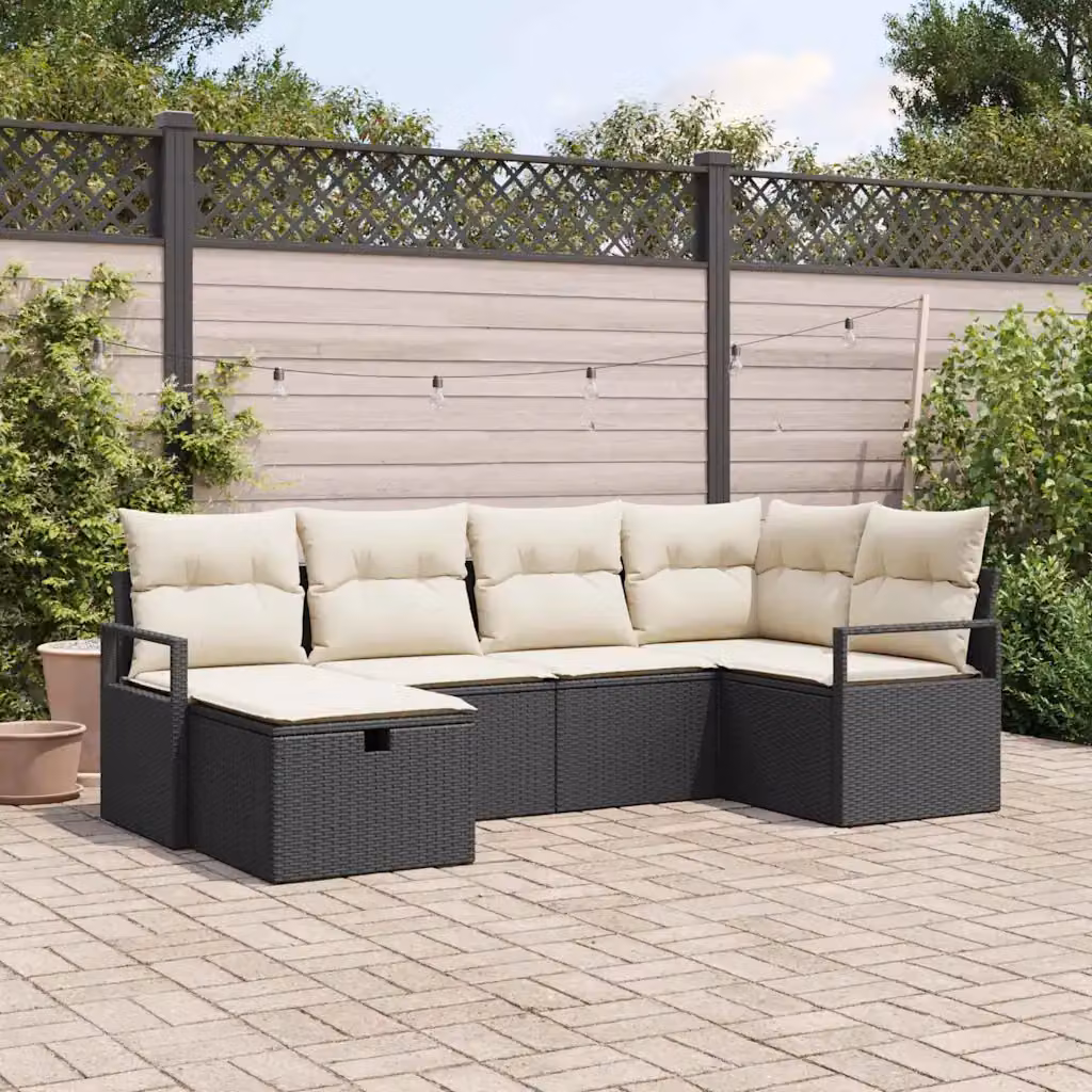 Set di divani da giardino vidaXL a forma di U composto da 6 pezzi in rattan con struttura in metallo nero e cuscini beige – 1