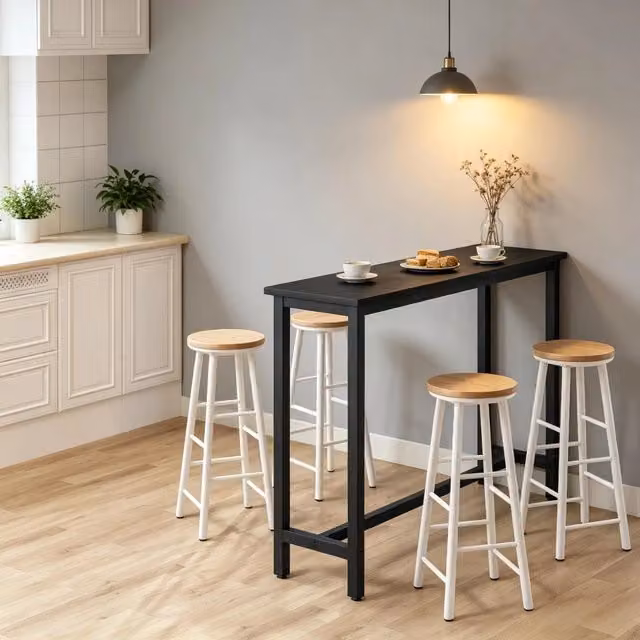 Tavolo alto da cucina in MDF e metallo nero con piedi regolabili e barre trasversali 140 × 100 × 40 cm