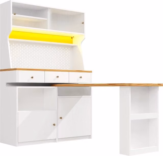 Buffet alto multifunzione 137x45x178 cm con LED app controllati, struttura in MDF e metallo, bianco e piano effetto legno