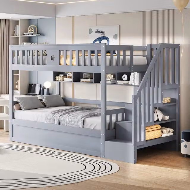 Letto a Castello Legno Ragazzi – Xylo – 90x200cm Grigio, Base Idraulica, Scala con Ripostiglio, Scaffali