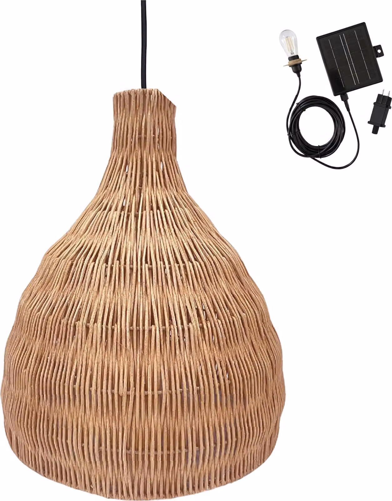 BELLA SOLAR lampada a sospensione a energia solare in rattan naturale con cavo ibrido energia/solare di 5 m