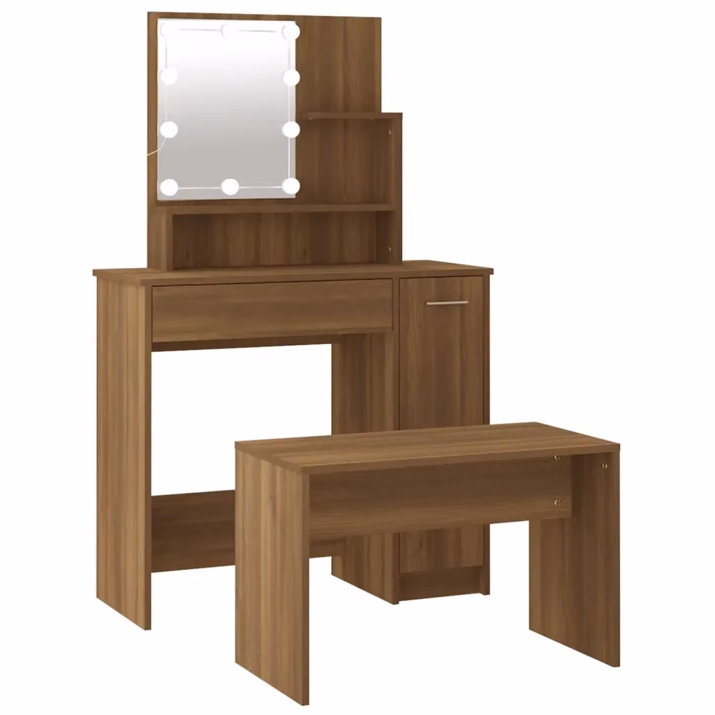 Set Tavolo da Toeletta con LED vidaXL in Rovere Marrone, L: 136,0 cm, P: 35,0 cm, H: 86,5 cm – 2