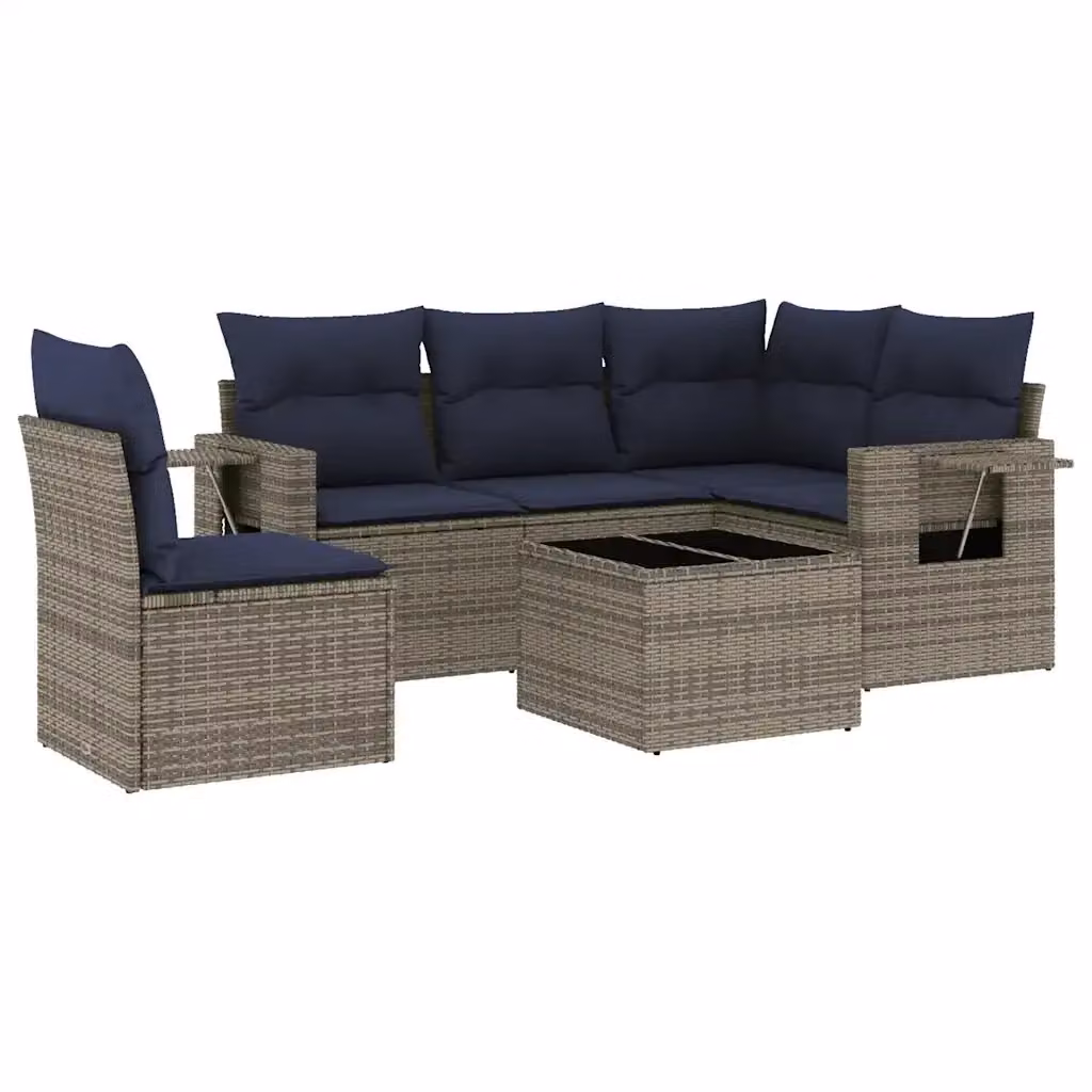 Set da giardino componibile vidaXL in rattan e metallo con 6 pezzi, divani a L, tavolino e cuscini grigi e blu – 2