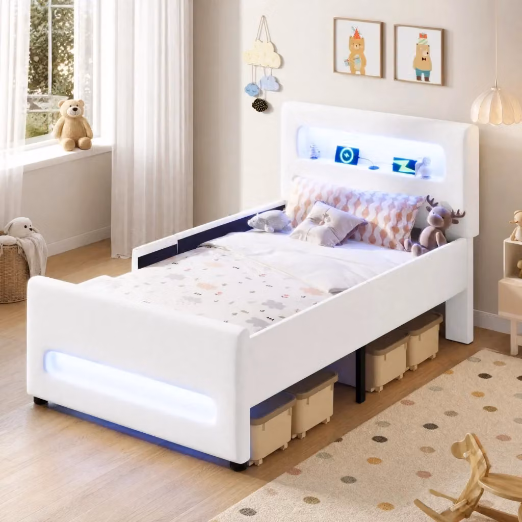 Letto imbottito MODFU con cassetto e luci LED, rivestimento in ecopelle bianca, L/P/H: 90 x 200 cm – 2