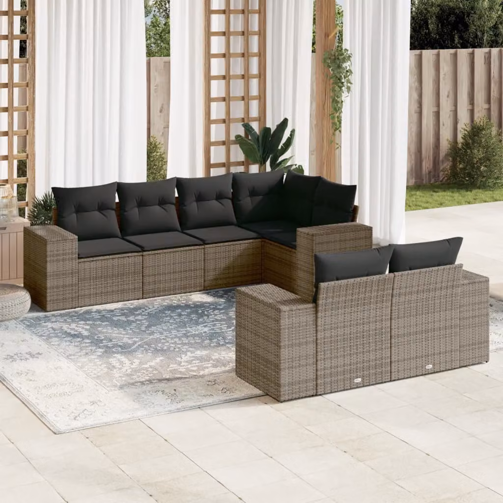 vidaXL Set Divani da Giardino 7 pz a Forma a L in Polyrattan Grigio con Cuscini Imbottiti e Rivestimenti Rimovibili – 1