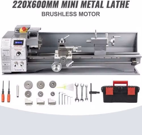 Mini Tornio per Metallo VEVOR da Banco in Argento, Potenza 750 W, 220 V, per Tornitura di Precisione, Foratura, Filettatura e Taglio