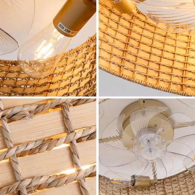 Ventilatore da soffitto Minimal con luce e motivo rattan, ali in ABS da 19 pollici, 6 velocità, reversibile, con controllo tramite app e telecomando, colore beige e marrone