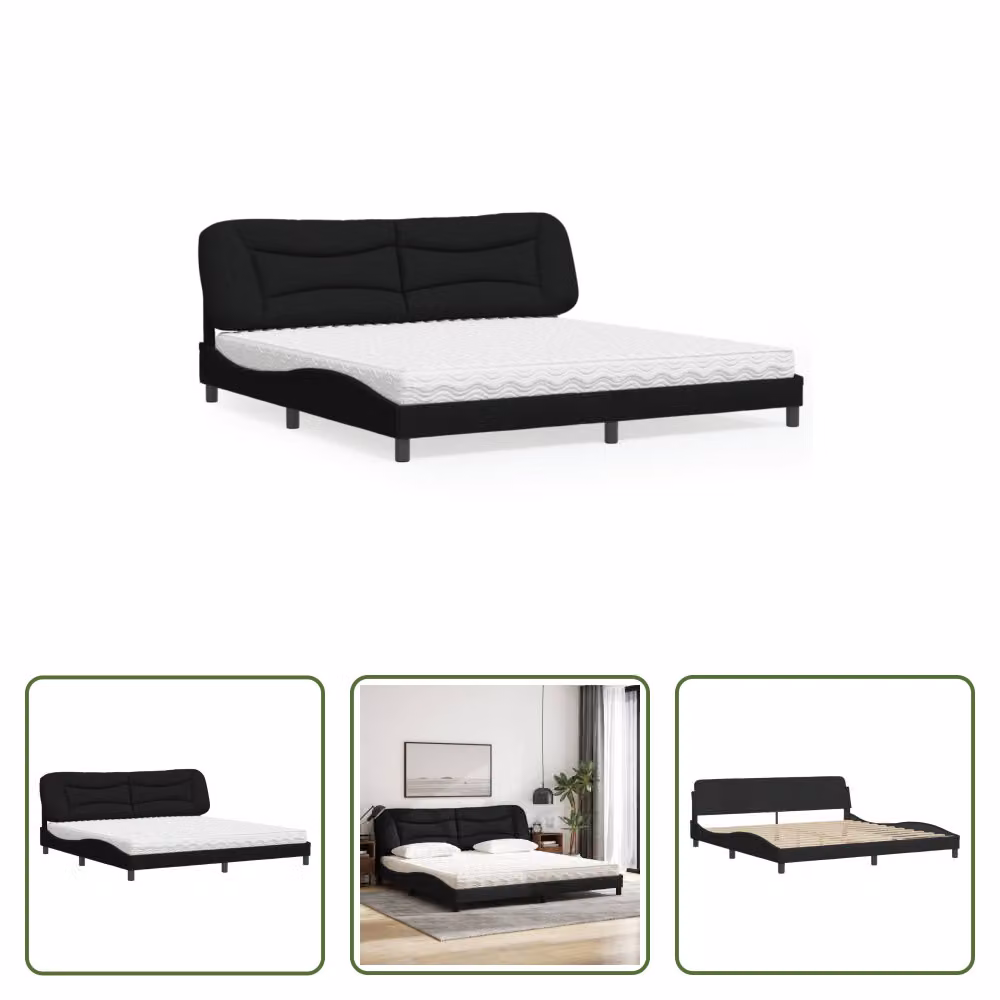 The Living Store Letto con materasso nero 200x200 cm in tessuto