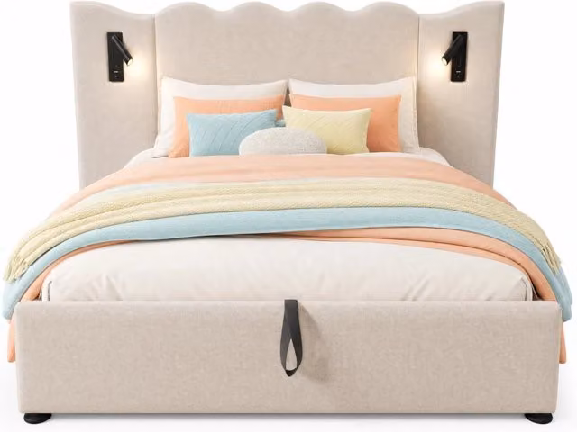Letto Contenitore REDOM Beige con Lampada da Lettura e Porta USB Type-C L/P: 160 x 200 cm – 1