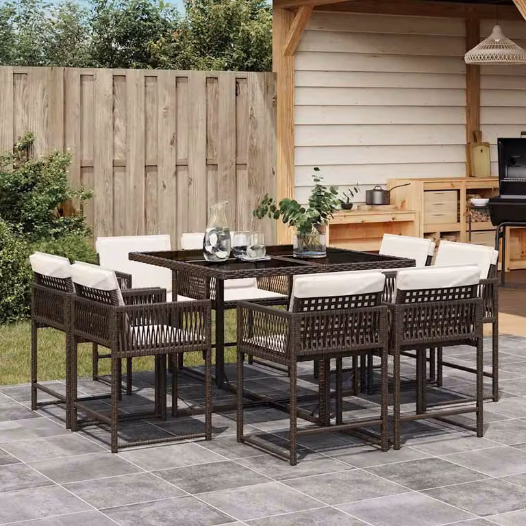 Set da pranzo da giardino vidaXL in polyrattan marrone con 9 pezzi e cuscini