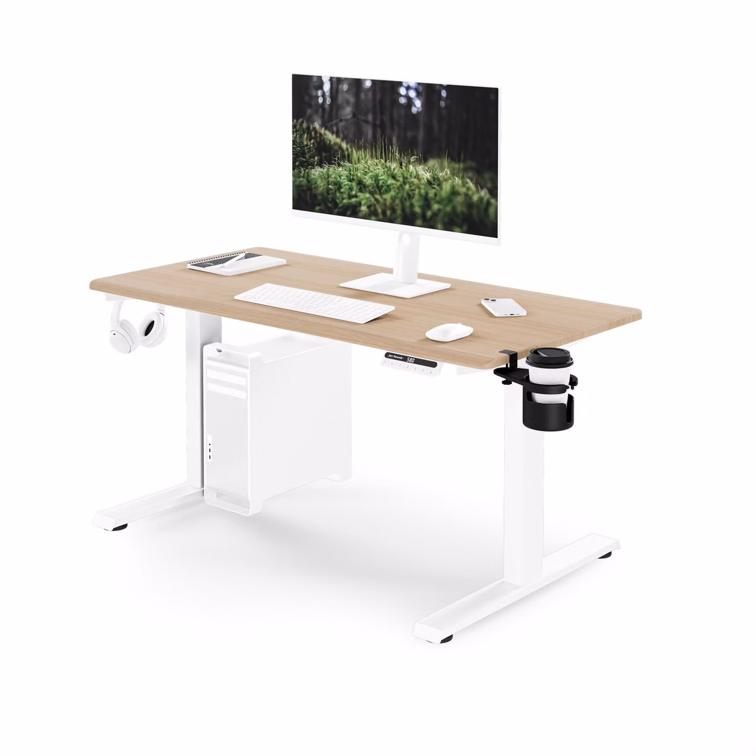 Scrivania ergonomica, regolabile in altezza, bianca/effetto legno Sonoma: 120 x 60 cm: ARIA
