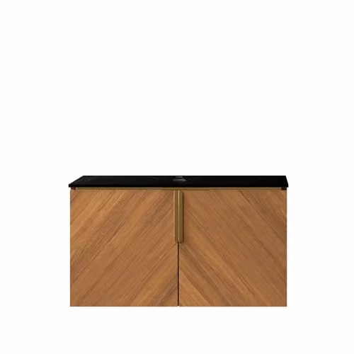 Mobile bagno moderno con 2 ante in finitura rovere e piano in pietra sinterizzata con maniglie in metallo oro – 2