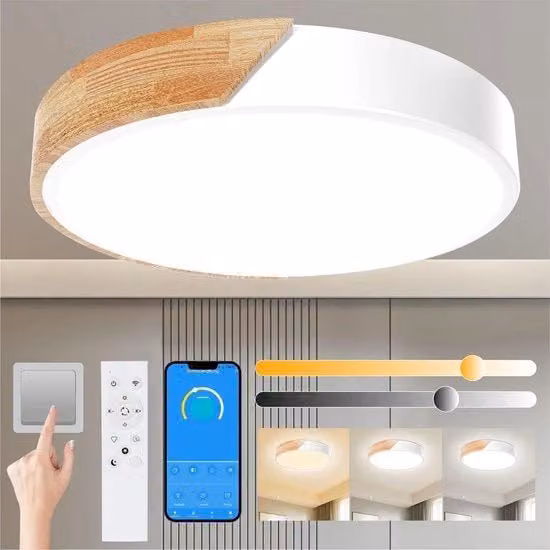Lampada da soffitto a LED moderna in legno e plastica bianca con telecomando e funzione dimmable