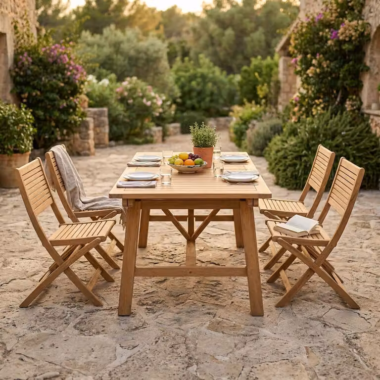 Milani Home - Set tavolo e sedie da giardino per esterno in legno resistente di teak cm 160/240x90x77 h con 4 sedute - Marrone