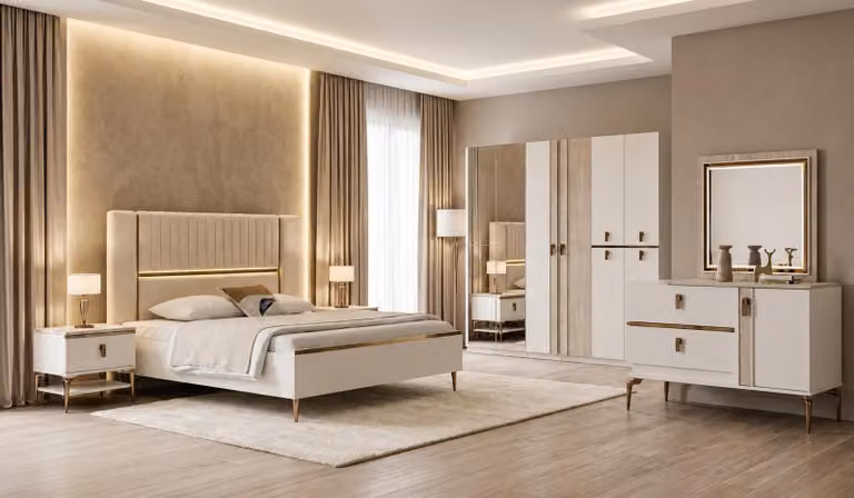 Componibile elegante per camera da letto, completo di letto, armadio e comò