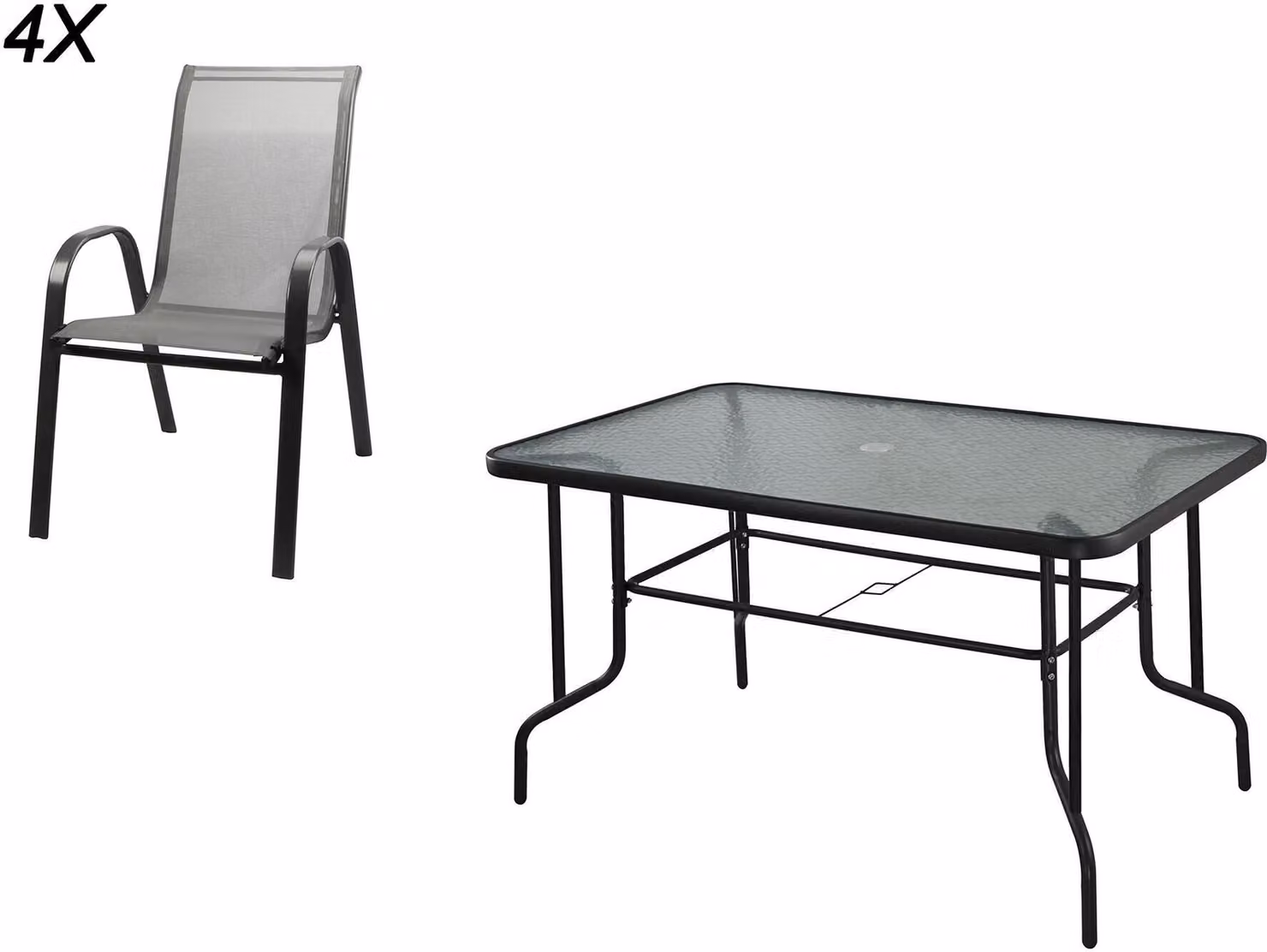 set da giardino acciaio/tessuto/vetro tavolo + 4 sedie NERO