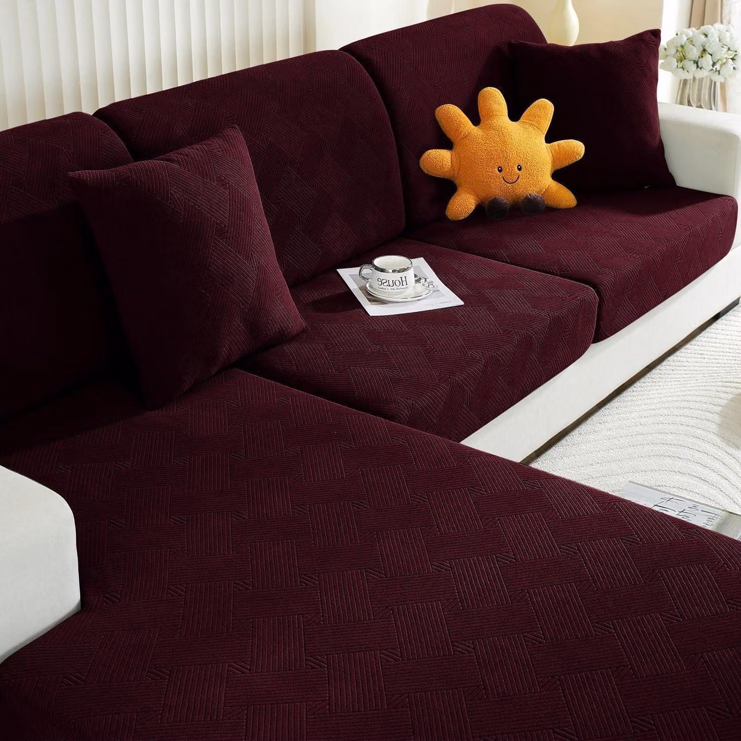 Copertura per cuscino da seduta, elasticizzata, colore rosso, per chaise longue, design geometrico, antiscivolo