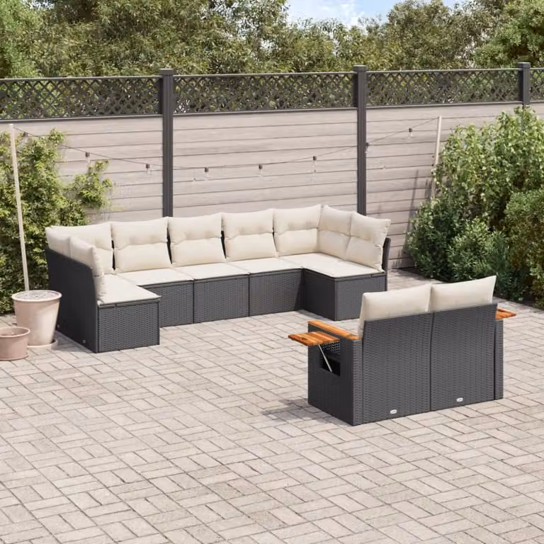 vidaXL Set Divani da Giardino 9 pz in Polyrattan Nero con Cuscini e Tavolino da Esterno