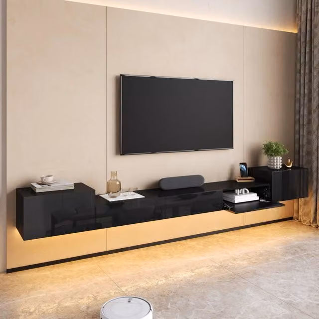 Mobile basso per TV, mobile TV, supporto TV a parete con ante lucide, illuminazione LED multicolore controllabile tramite app, mobile TV chiuso,