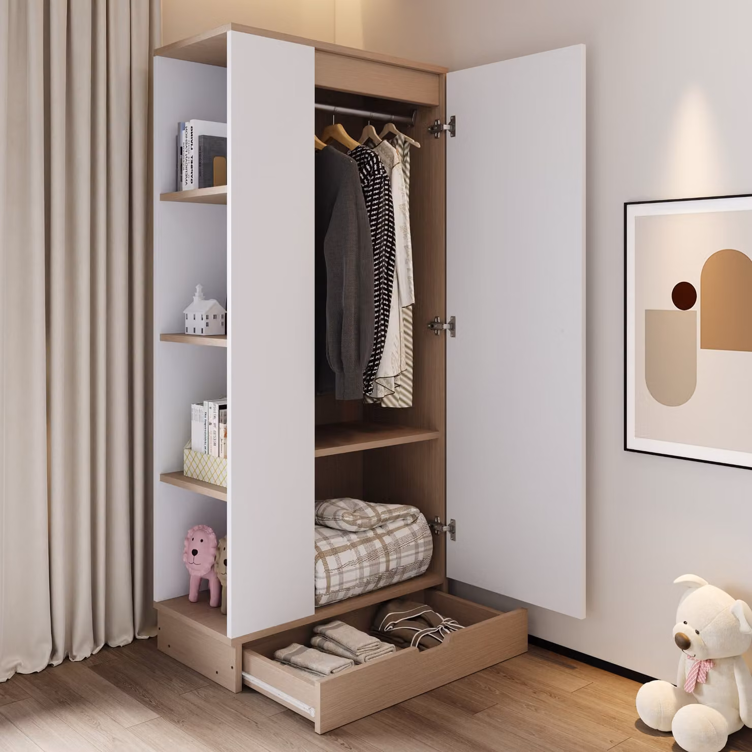 okwish armadio 70×40×170 cm, versione a un'anta, ampio spazio di archiviazione, con cassetti e ripiani, bianco