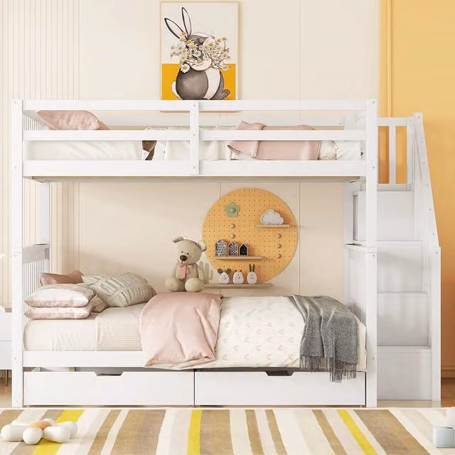 Letto a castello per bambini - Xylo - 140x200 cm - Bianco - Con scala, ripiani e due cassetti
