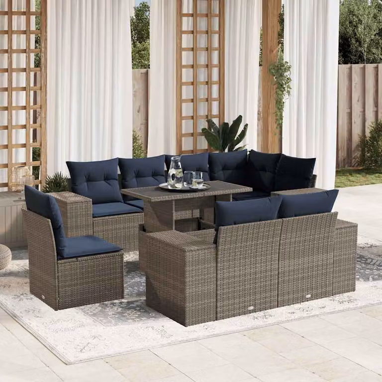 Set di divani da giardino vidaXL in polyrattan grigio con cuscini e tavolino da esterno a forma di L