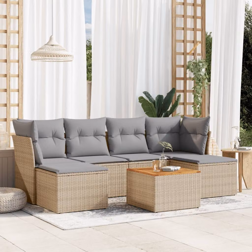 vidaXL Set Divani da Giardino 7 pz in Polyrattan con Cuscini Beige e Tavolino da Caffè – 1