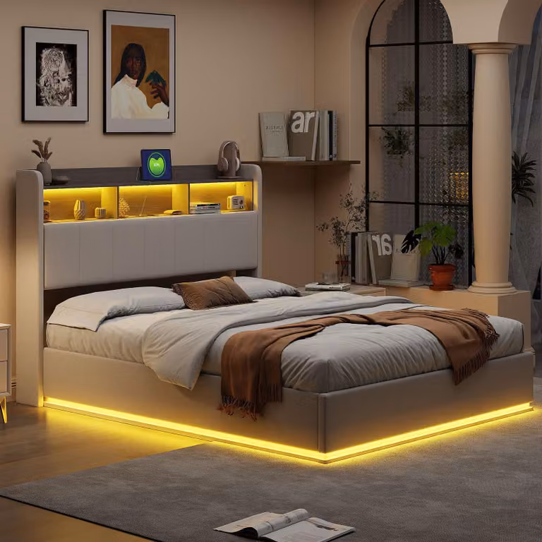 Letto imbottito idraulico Fortuna Lai 140x190cm con funzione cassetto, letto giovanile letto matrimoniale con contenitore, letto contenitore con LED, lino, beige