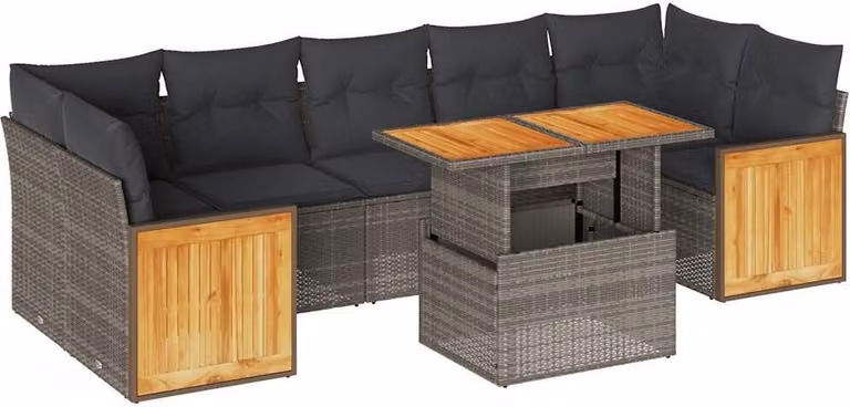 Set Divano da Giardino 8pz con Cuscini Grigio Polyrattan Acacia