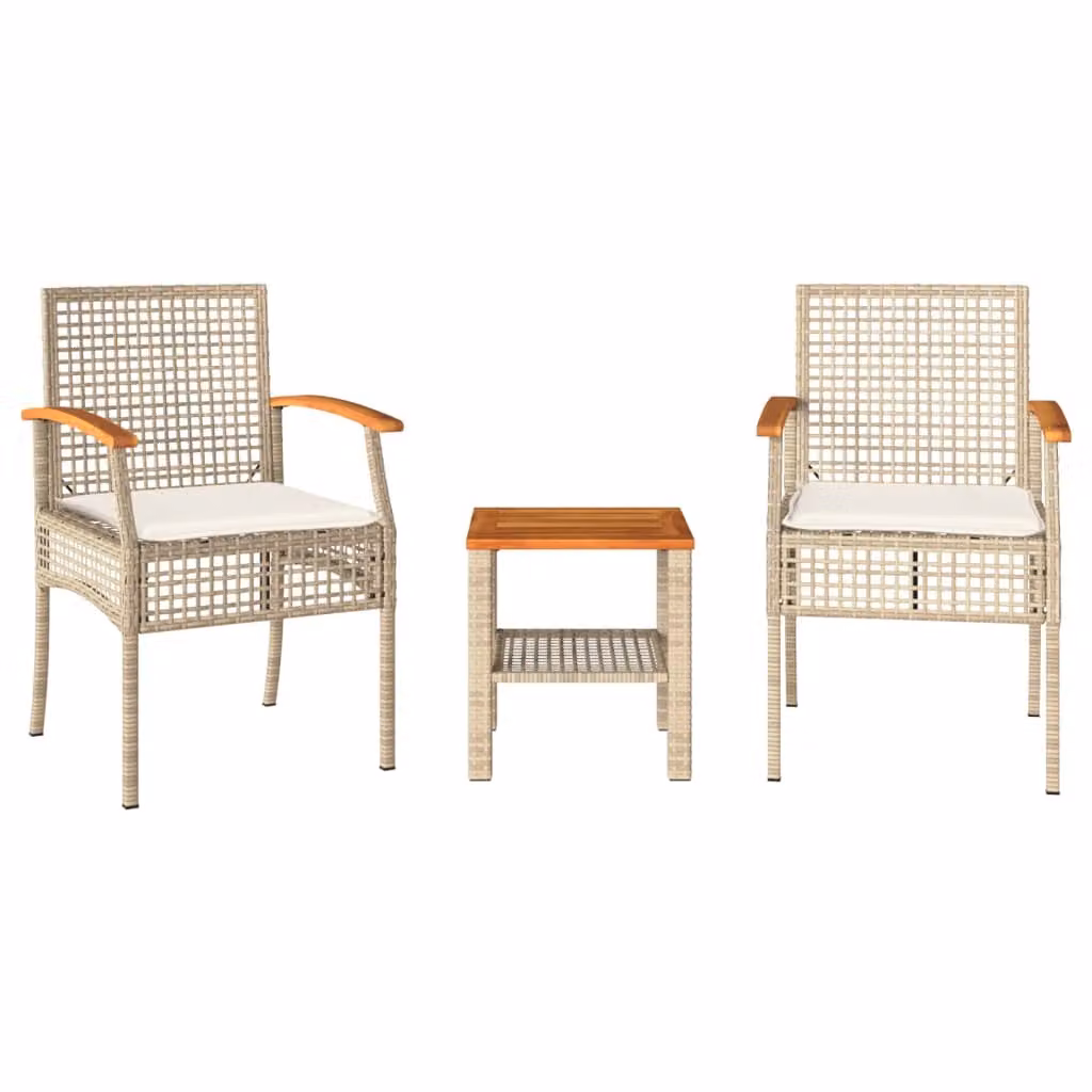Set esclusivo per esterni - Set bistro da 3 pezzi con cuscini, in rattan sintetico beige e legno di acacia