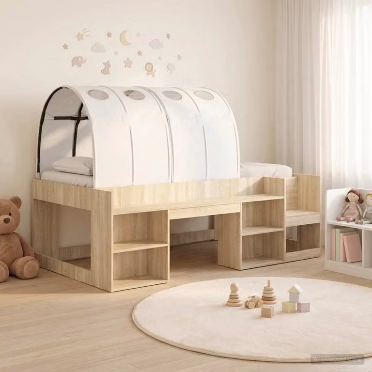 Letto per bambini vidaXL con struttura a casetta, tunnel e scaffale in legno Rovere e Bianco L/P/H: 193 x 103,5 x 65 cm