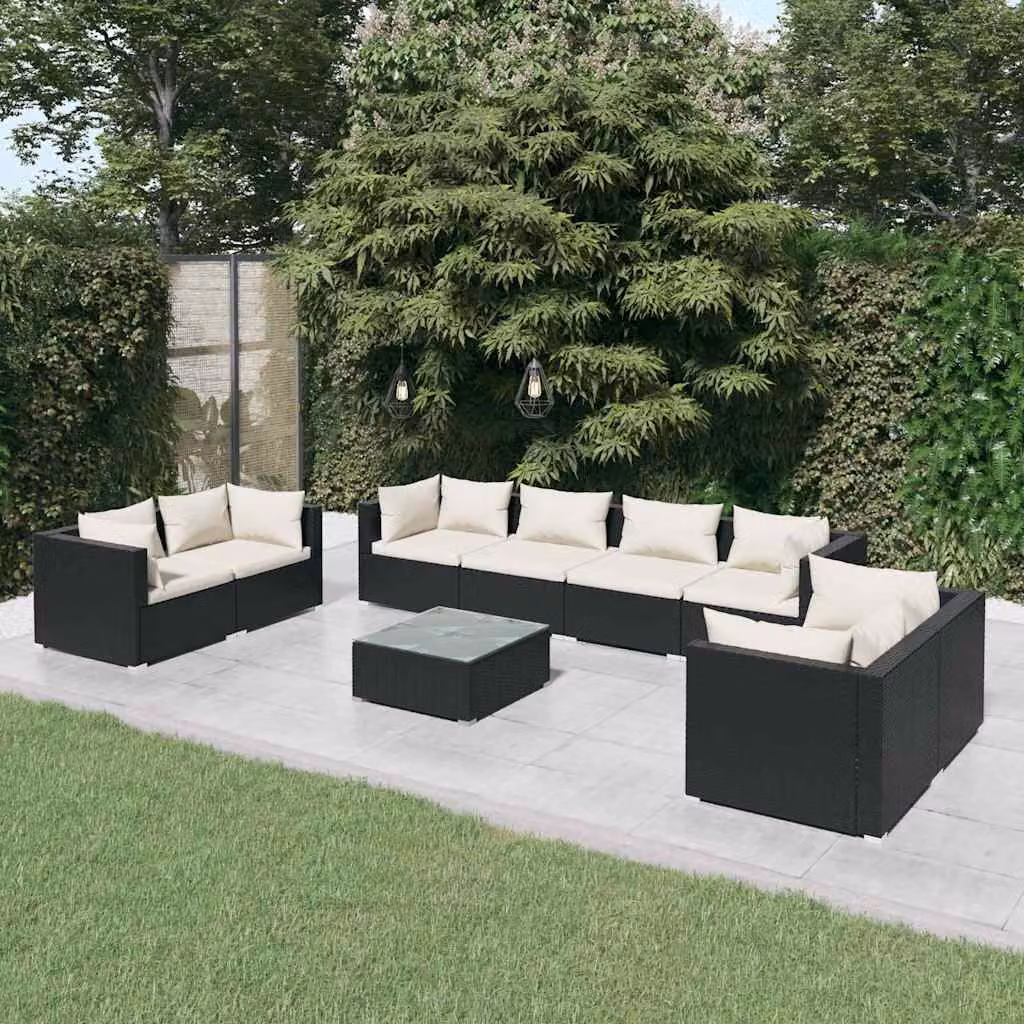 vidaXL Set Divani da Giardino 9 pz a Forma a U con Cuscini Beige e Struttura in Metallo Nero – 1