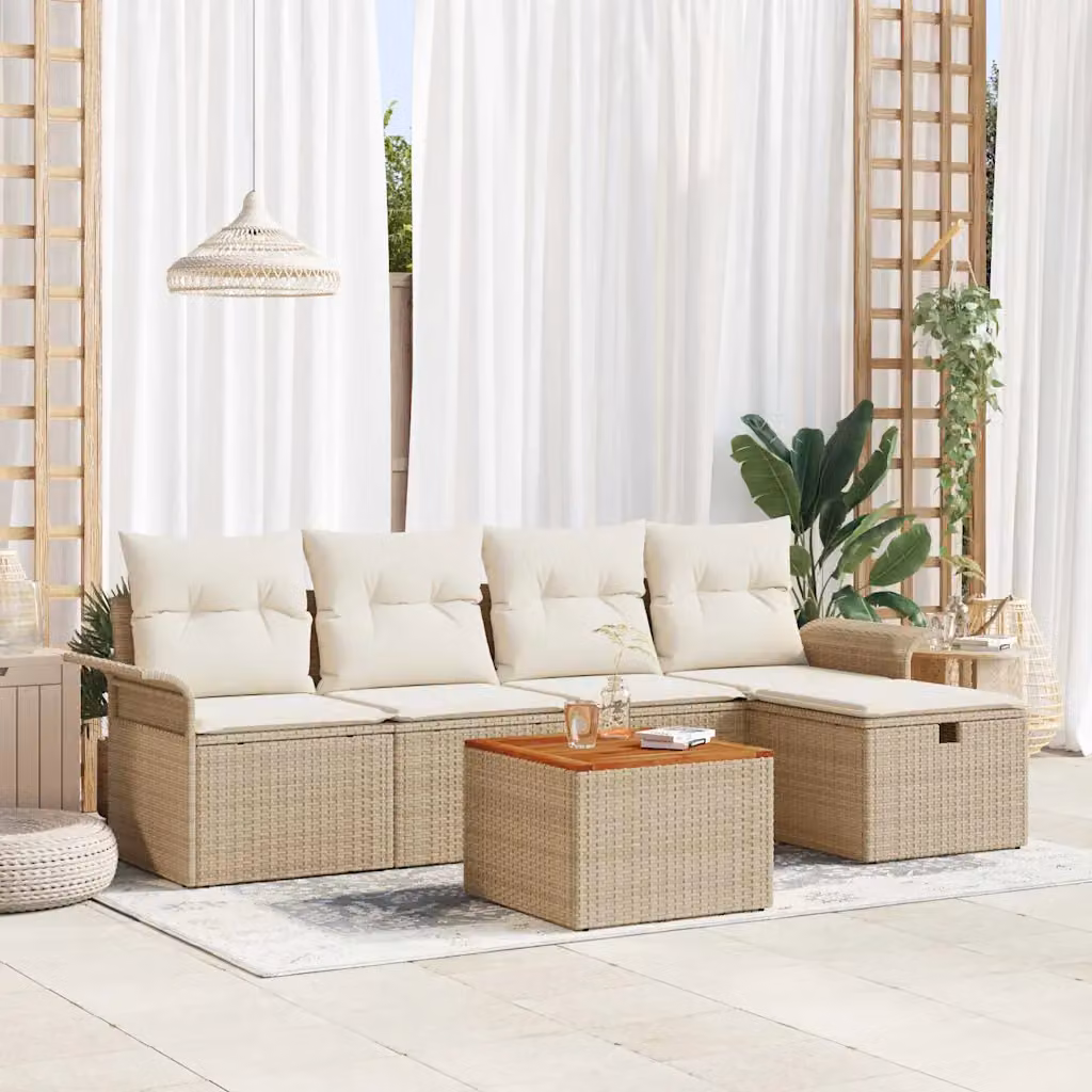 Set Divano da Giardino L Shape vidaXL in Rattan Beige con Cuscini e Tavolino da 6 Pezzi