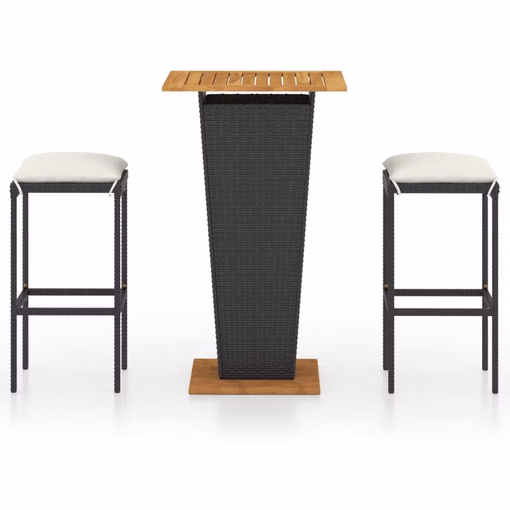 Set Bar da Giardino 3 pz con Cuscini in Polyrattan Nero