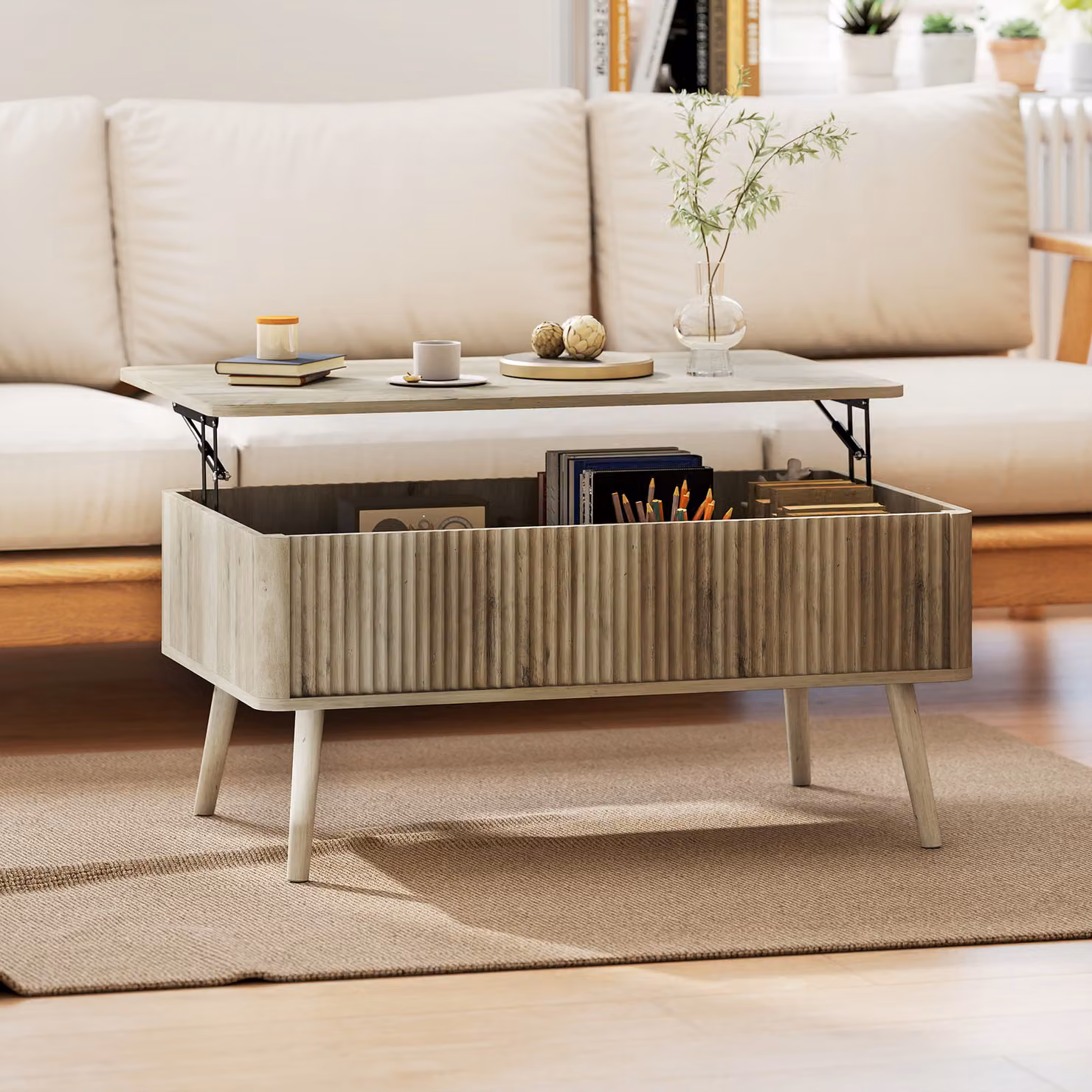 Tavolino da caffè HOMCOM con ripiano sollevabile, 2 scomparti nascosti e gambe in pino, colore marrone, L: 91 cm, P: 56 cm, H: 43 cm – 2