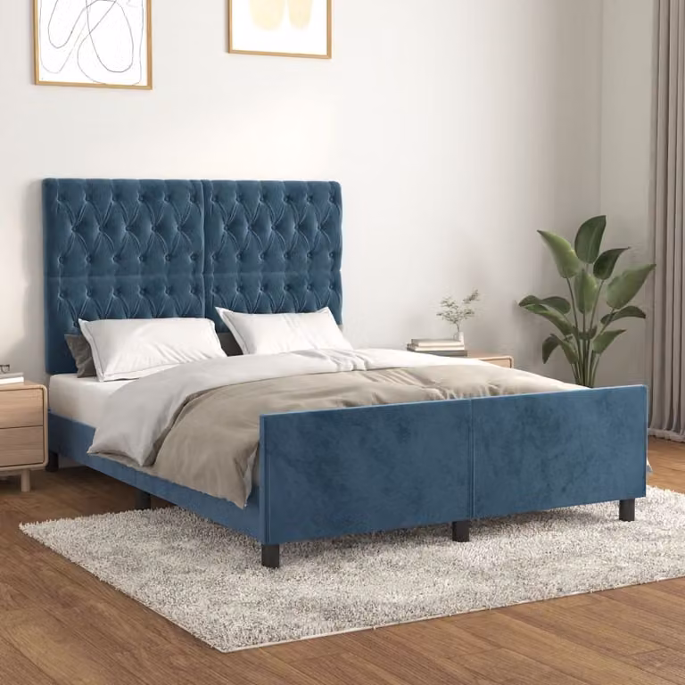 The Living Store Struttura letto con testiera in velluto blu scuro 140x190 cm