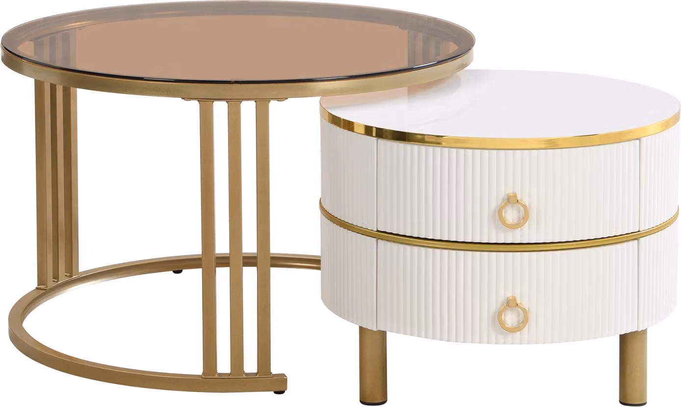 Set di 2 tavolini rotondi Fortuna Lai - con piano in vetro marrone, 2 cassetti, design moderno - bianco