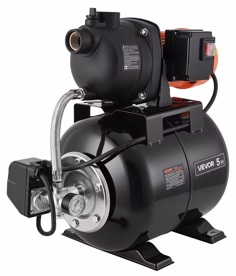 Pompa per pozzi poco profondi da 1,1 HP con serbatoio a pressione, 230 V, 5000 l/h; pompa a getto in plastica per irrigazione con serbatoio da 19 l; sistema automatico di trasferimento e aumento della pressione dell'acqua; pressostato da 1,4-2,8 bar; per