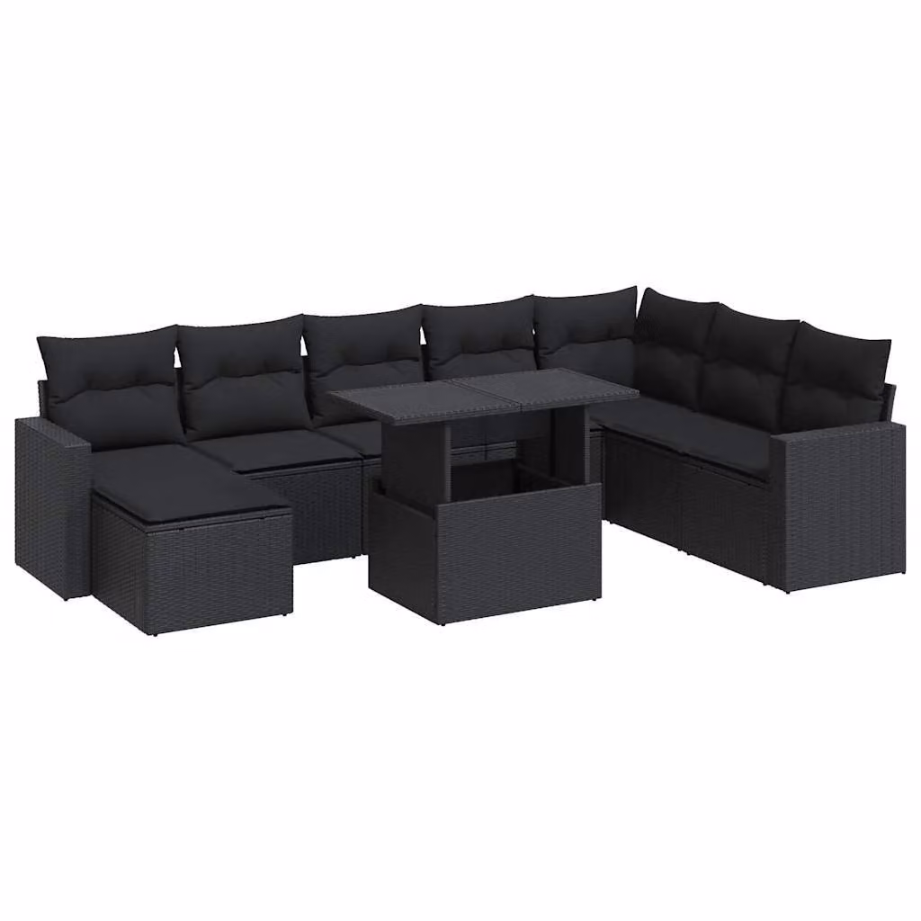 Set Divani da Giardino 9 pz con Cuscini Nero in Polyrattan